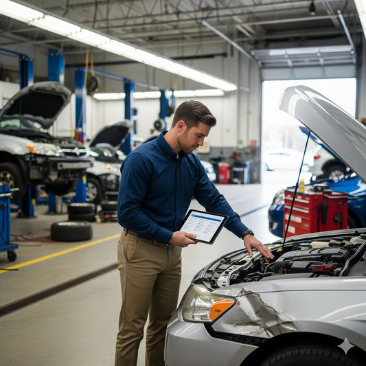 A mechanic or body shop personnel checking a damage car for a repair after a collision. 
