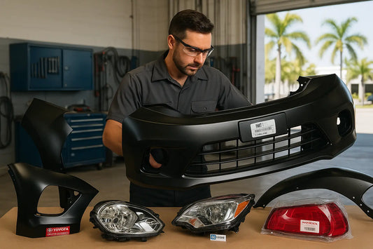 A mechanic carefully checking the quality of a car bumper